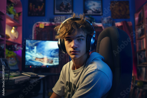Generative AI illustration of young man immersed in a gaming session at night surrounded by neon lights and multiple computer screens photo