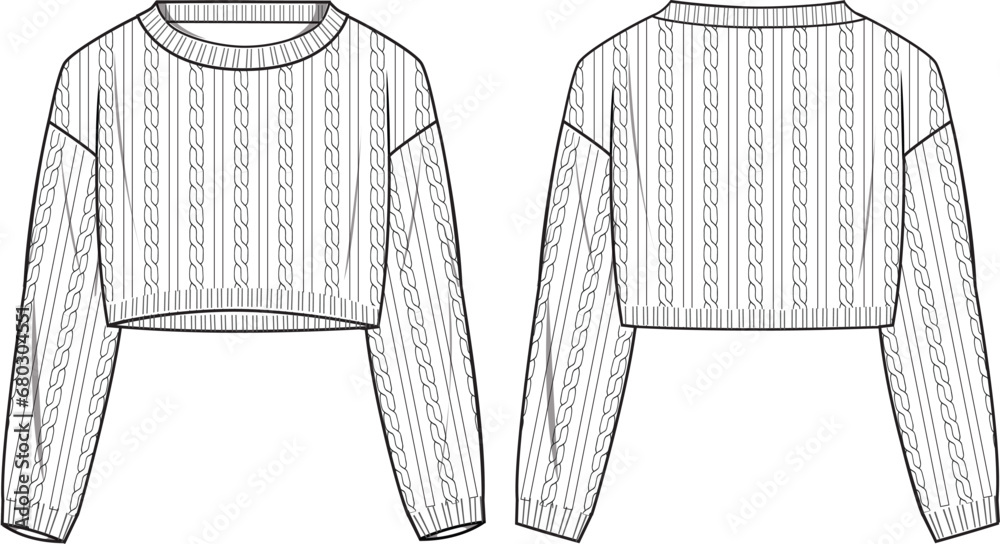 Women's Cable, Crop Jumper. Technical fashion illustration. Front and back, white color. Women's CAD mock-up. - obrazy, fototapety, plakaty 