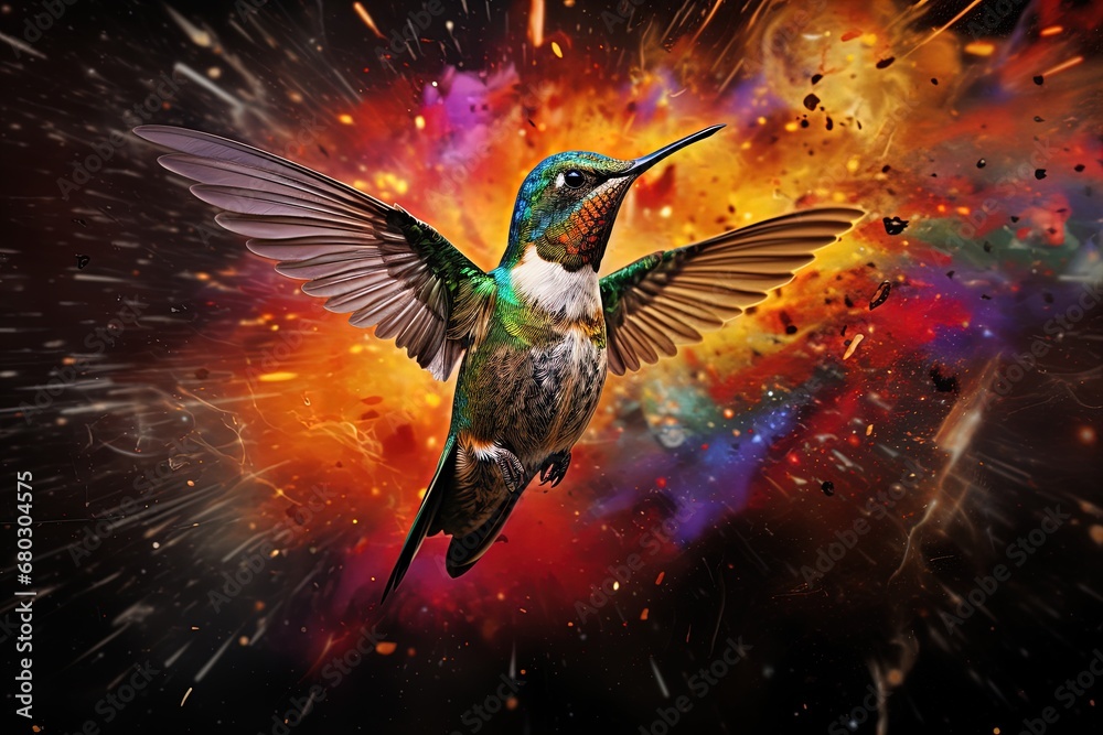 Fototapeta premium Drama in the air: A hummingbird emerges with wings wide against a fiery abstract backdrop.