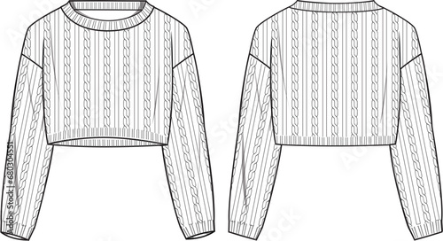 Women's Cable, Crop Jumper. Technical fashion illustration. Front and back, white color. Women's CAD mock-up.