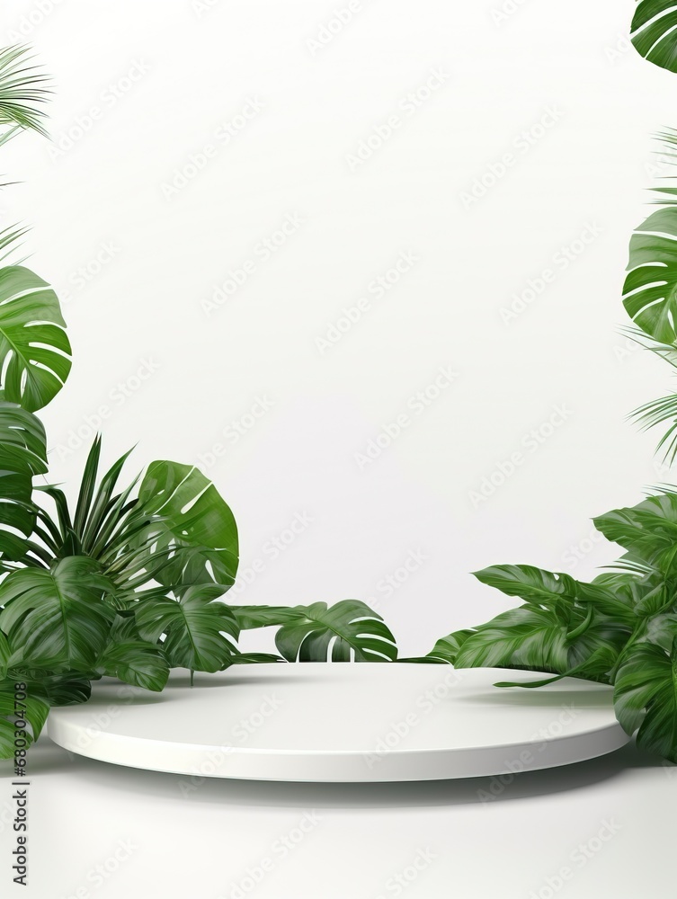 Product display podium with nature leaves on white background, empty podium, copy space, generative ai Product display podium with nature leaves on white background, empty podium, copy space, generative ai