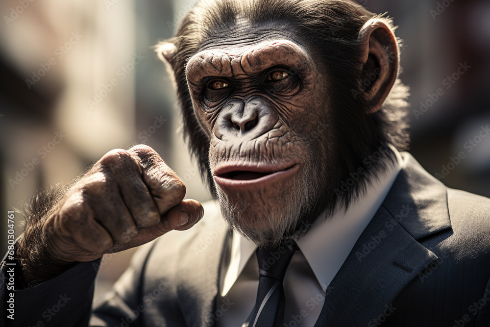 Generative AI illustration of a chimpanzee in a sharp suit posing with a raised fist while looking at camera against blurred background Generative AI illustration of a chimpanzee in a sharp suit posing with a raised fist while looking at camera against blurred background