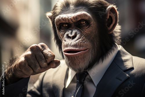 Generative AI illustration of a chimpanzee in a sharp suit posing with a raised fist while looking at camera against blurred background photo