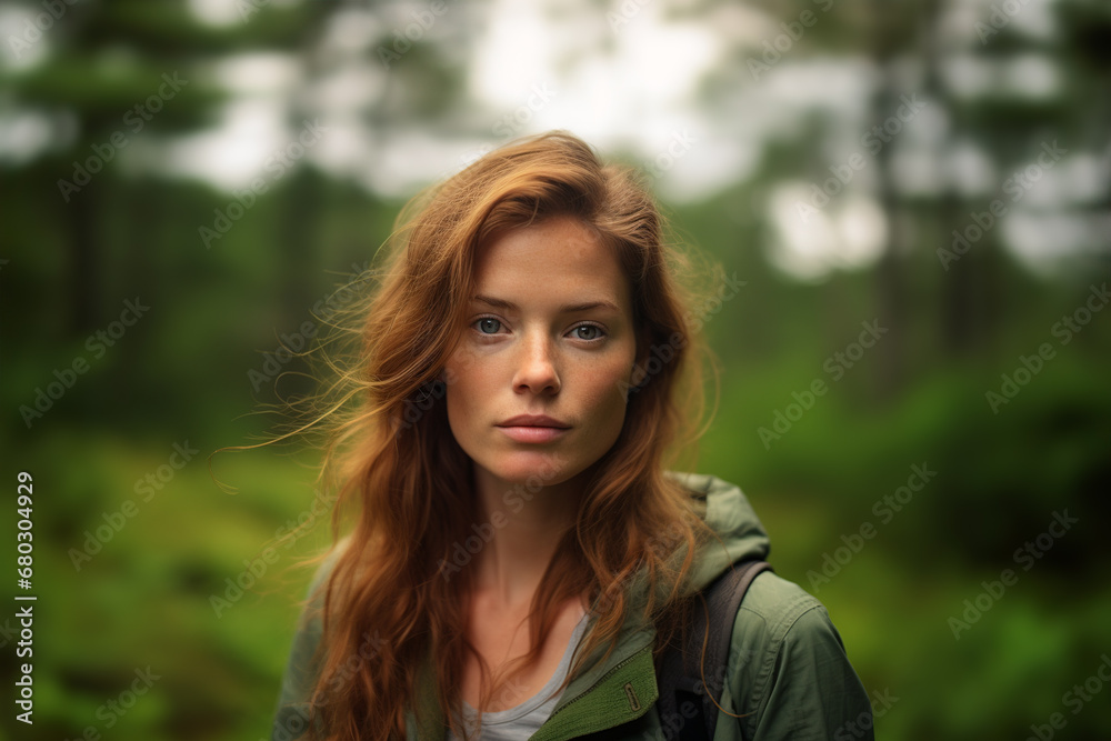 Generative AI illustration of young redhead woman in a green raincoat with backpack looking at camera while standing in a green forest Generative AI illustration of young redhead woman in a green raincoat with backpack looking at camera while standing in a green forest