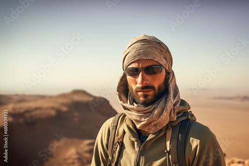 Generative AI illustration of a bearded man wearing a turban and sunglasses, looking at camera while standing in a desert environment with distant hills under a clear sky photo