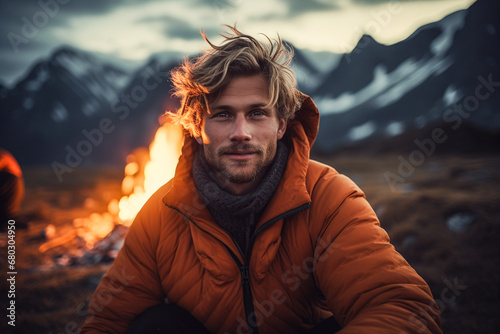 Generative AI illustration of young man with blonde hair sitting by a campfire in a mountainous terrain during twilight and looking at camera photo