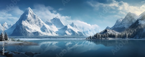 Show the fine details of a serene lake surrounded by snow-capped mountains.