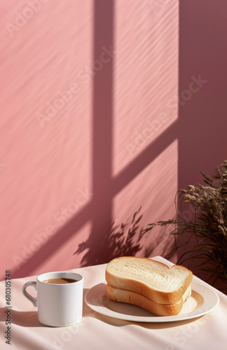 Generative AI illustration of minimalist composition with a cup of coffee and slices of bread on a plate cast in the soft light and shadow of window photo