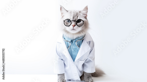 A cat doctor in a medical gown has a clinical stethoscope. White background. Isolated. Portrait of a beautiful cat with glasses. Portrait of a beautiful cat with glasses and a stethoscope. photo