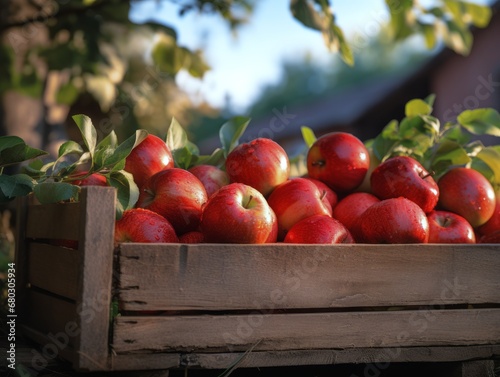 Harvesting of ripe red apples in a wooden box.