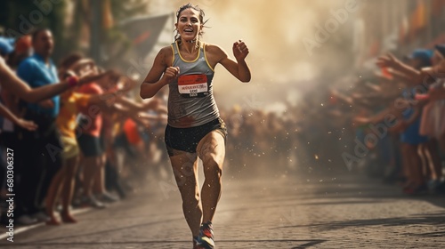 A determined athlete crossing the finish line of a marathon race