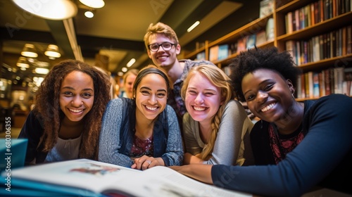 A diverse group of students studying together in a library