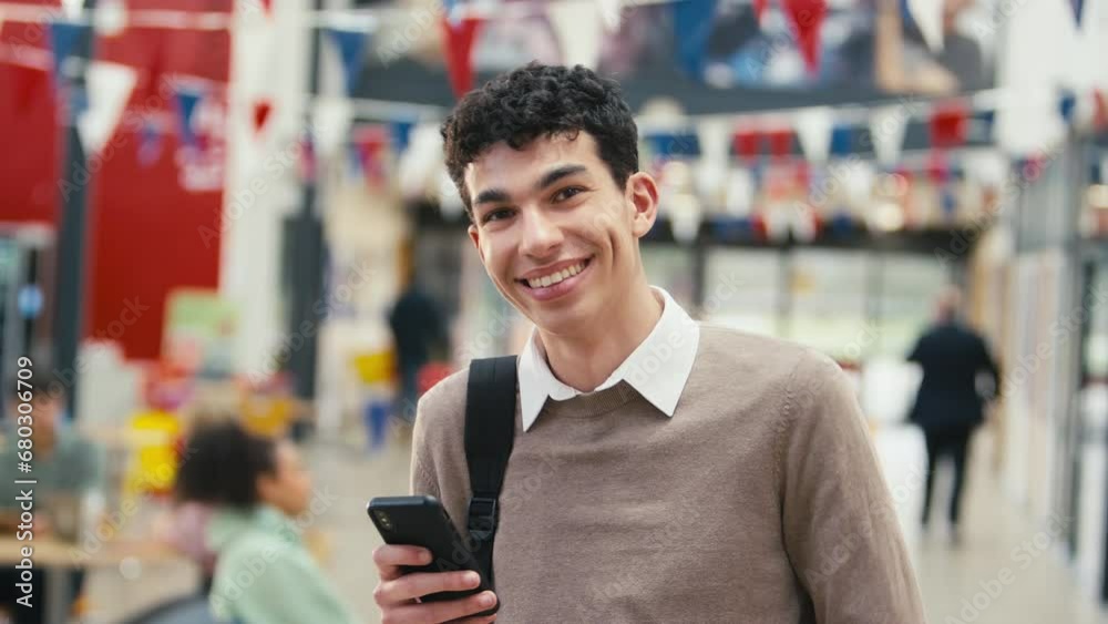 Portrait Of Smiling Male University Student Standing Inside College Building Using Mobile Phone Portrait Of Smiling Male University Student Standing Inside College Building Using Mobile Phone