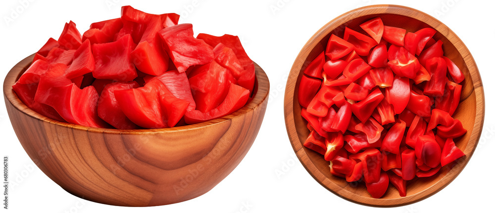 Fototapeta premium red bell pepper pieces in a wooden bowl isolated on a transparent background, vegetable collection