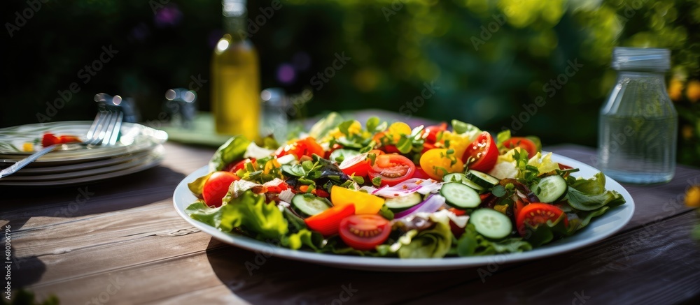 At the summer party, a vibrant green salad with chopped tomatoes and a zesty lemon dressing adorned the table, offering a healthy option for those following a diet. The plate was filled with an array