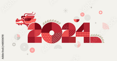 Lunar new year background, banner, Chinese New Year 2024 , Year of the Dragon. Geometric modern style