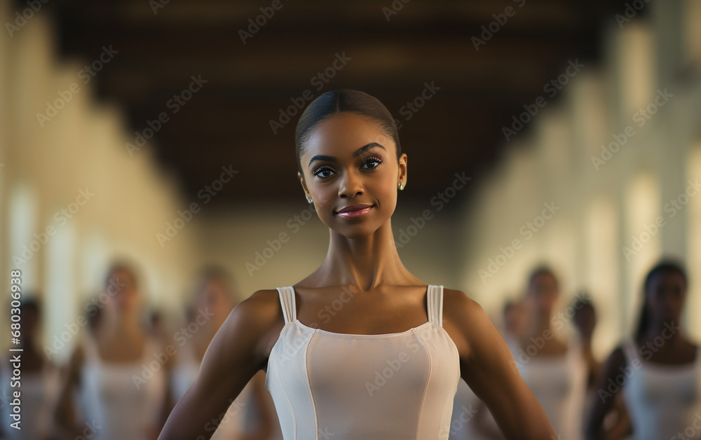 Young black woman ballerina in dance studio - ballet and dancer concept
