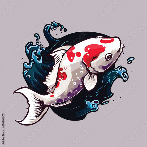 White Koi Fish With Red Spots Of The Kohaku Type. Japanese Design Vector Illustration. Animal Nature Icon Concept Isolated Japanese Style Water Waves And Lotus Flower Premium Vector