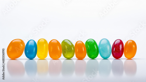 Many small colorful candies on white background, AI Generative. photo