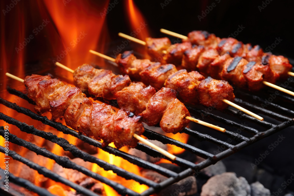 Cooking Skewered meat barbecue, charcoal-grilled kebab, outdoor skewer cooking, cut steak skewers,