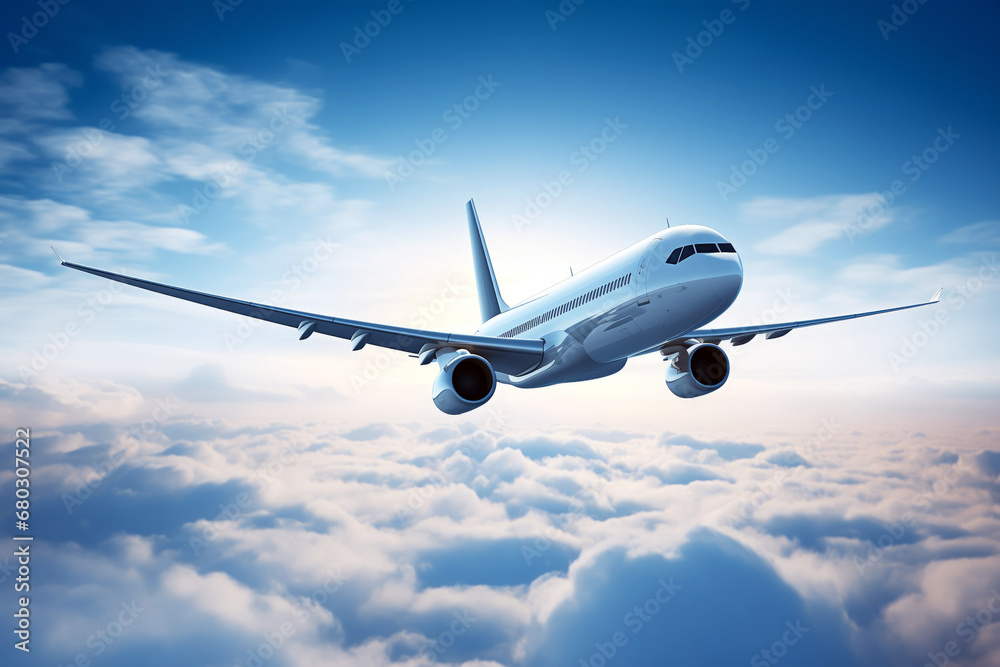 Obraz premium Airplane ascending in the sky with clouds below, symbolizing travel and exploration.