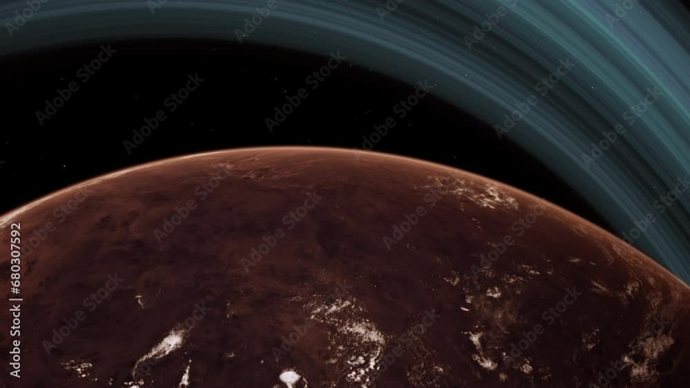 Red rocky desert Mars like planet with orbiting rings. Thin atmosphere and clouds. 3D animation concept of alien terran world. Barren and dry conditions. Drought ecosystem in extreme hot climate.