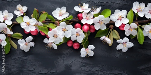 Apple Flowers on Black Stone Flat Lay and Top View, Blooming Apple Twig Mockup, Place For Text