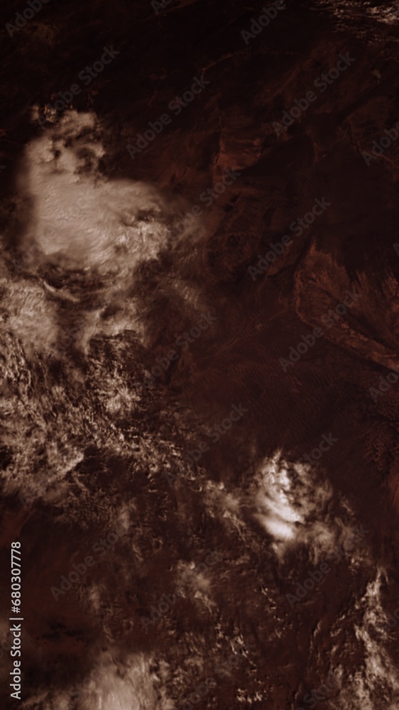 Red rocky desert Mars like planet surface. Thin atmosphere and clouds. 3D illustration concept of alien terran world. Barren and dry conditions. Drought ecosystem in extreme hot climate.