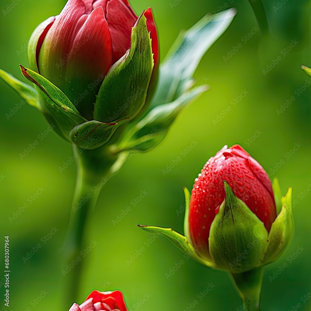 Red Peony Seamless Pattern, Red Peony Bud on a Green Background in Bright Daylight Red Peony Seamless Pattern, Red Peony Bud on a Green Background in Bright Daylight