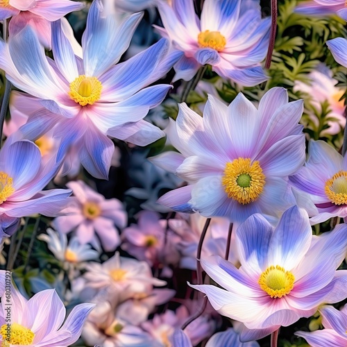 Blooming Nemorosa or Thimbleweeds, Spring Flowers in Sunlight Anemone Nemorosa