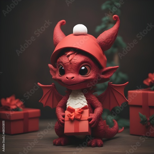 Symbol of 2024 according to Chinese lunar calendar. Cute little red baby dragon in Santa Claus hat with red gift boxes against background of decor and Christmas tree, darkn. Retro style, dragon toy. photo