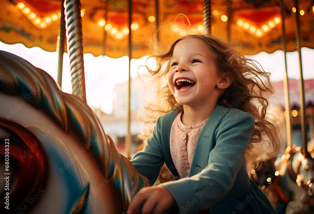 A happy young girl expressing excitement while on a colorful carousel, merry-go-round, having fun at an amusement park, happiness, bright childhood. A happy young girl expressing excitement while on a colorful carousel, merry-go-round, having fun at an amusement park, happiness, bright childhood.
