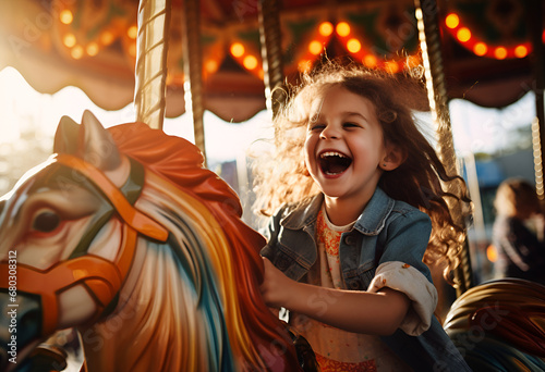 A happy young girl expressing excitement while on a colorful carousel, merry-go-round, having fun at an amusement park, happiness, bright childhood. © kdcreativeaivisions