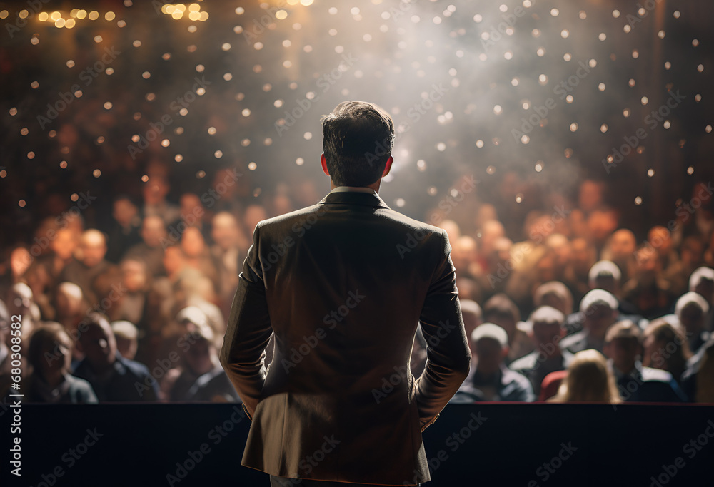 Back view of motivational speaker standing on stage in front of audience for motivation speech.