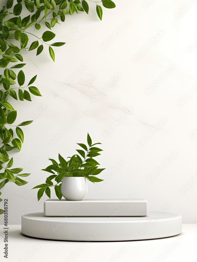 Product display podium with nature leaves on white background, empty podium, copy space, generative ai Product display podium with nature leaves on white background, empty podium, copy space, generative ai