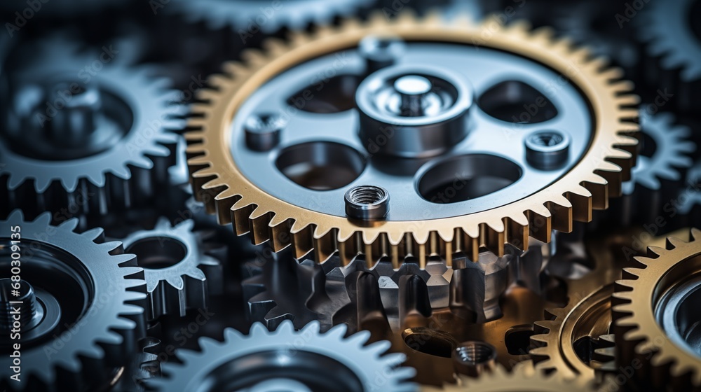 A macro shot of interlocking gears in a machine A macro shot of interlocking gears in a machine