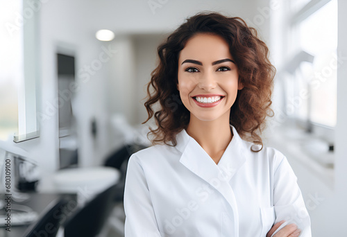 European mid dentist woman smiling while standing in dental clinic