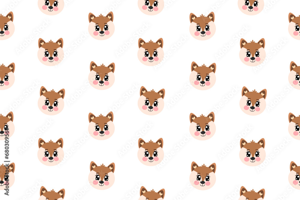 Seamless pattern with cartoon vector kawaii little cute  fox, fox cub, fox kid boy of face or head for kids, baby, children nursery, fabrics. Vector wallpaper illustration