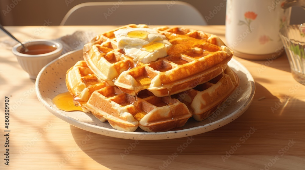 Close up of freshly baked Viennese waffles, texture with maple syrup or honey