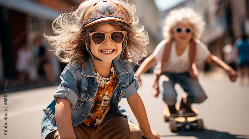 stylish city children on skateboards and bicycles in a group of friends ride along the streets of a colorful city in an incredibly positive atmosphere of happiness with the wind in their hair stylish city children on skateboards and bicycles in a group of friends ride along the streets of a colorful city in an incredibly positive atmosphere of happiness with the wind in their hair