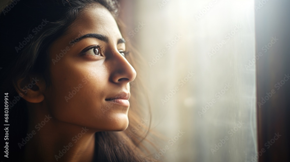 Beautiful young indian woman looking away headshot - obrazy, fototapety, plakaty 