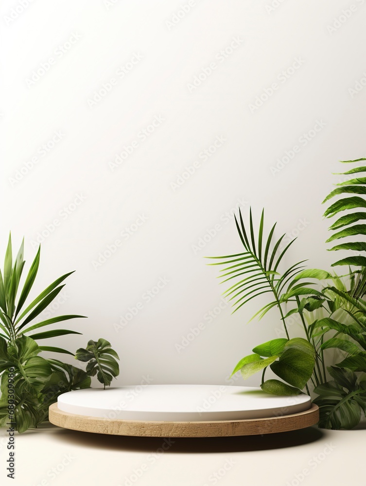 Product display podium with nature leaves on white background, empty podium, copy space, generative ai Product display podium with nature leaves on white background, empty podium, copy space, generative ai