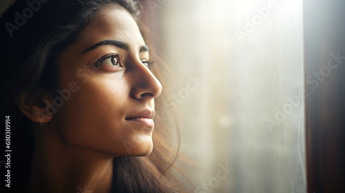 Beautiful young indian woman looking away headshot
