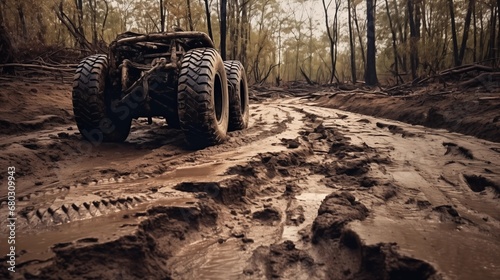Rough and rugged tire treads on a muddy road