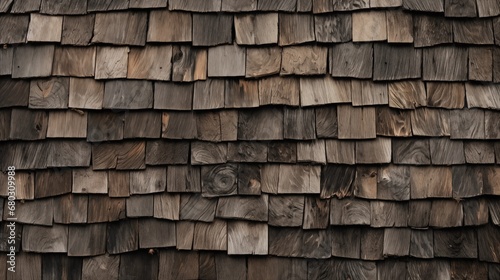 A close-up of weathered wooden shingles with a rustic texture photo