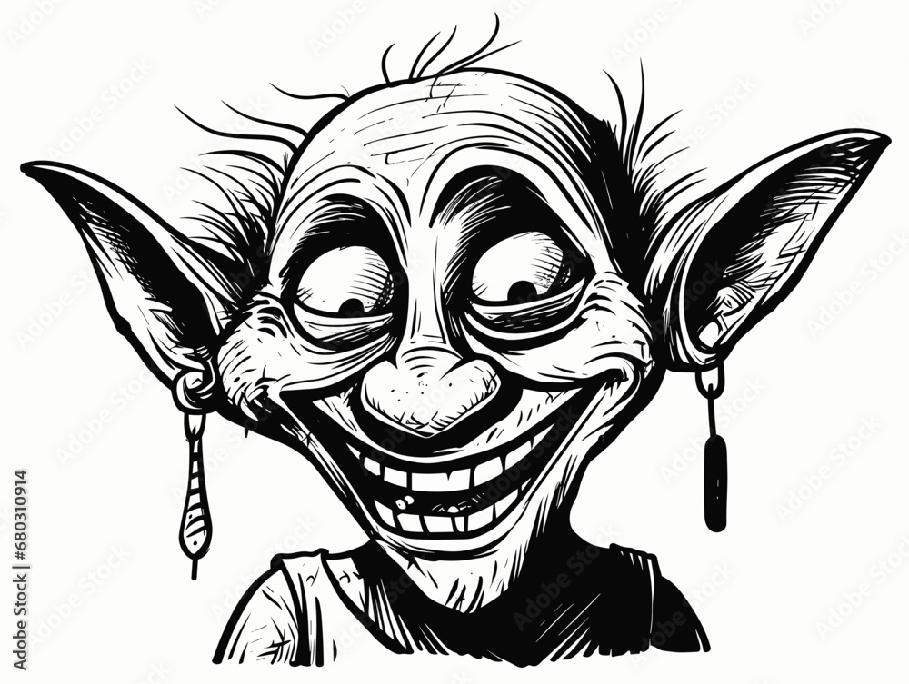 Fototapeta premium A Cartoon Of A Smiling Troll - print of a mischievous goblin fantasy character