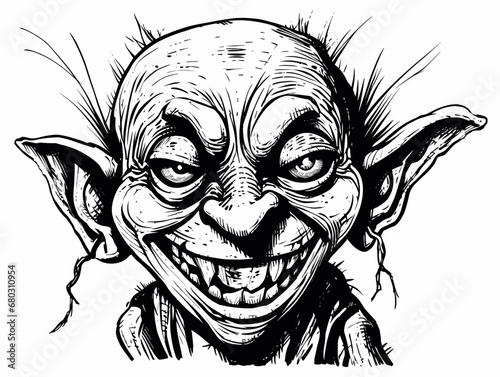 A Black And White Image Of A Smiling Troll - print of a mischievous goblin fantasy character