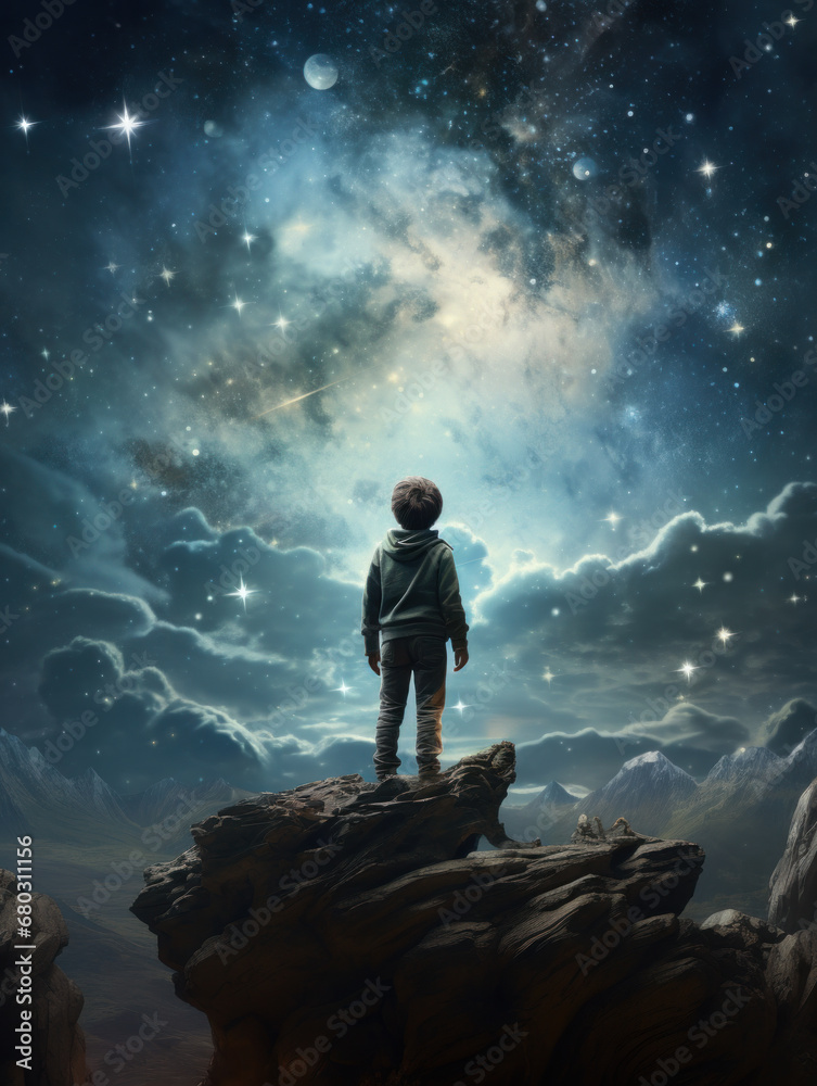 Obraz premium Illustration of a little boy standing on top of a mountain and looking up at the starry sky.