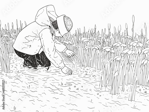 A Man In A Field Watering Plants - rain garden kid playing rain.