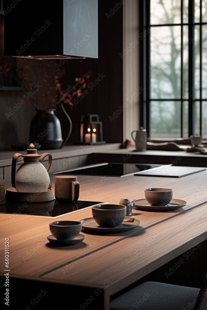 Close-up of a minimalist abstract kitchen with glass, wood and marble, eve with natural light. Inspired by Japanese influences. Close-up of a minimalist abstract kitchen with glass, wood and marble, eve with natural light. Inspired by Japanese influences.